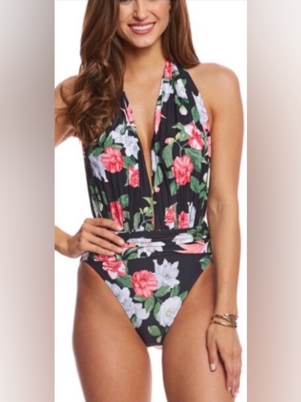 Vince Camuto Tropical Floral Plunge Halter One-Piece Swimsuit
